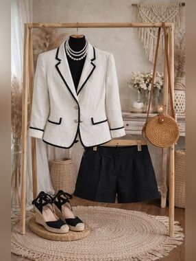 Cropped White Blazer with Black Piping Banana Republic Size 10